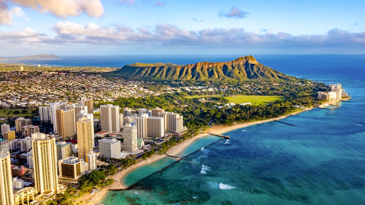 Waikiki skyline with Diamond Head and Queen Kapiolani Regional Park in Honolulu, Hawaii.