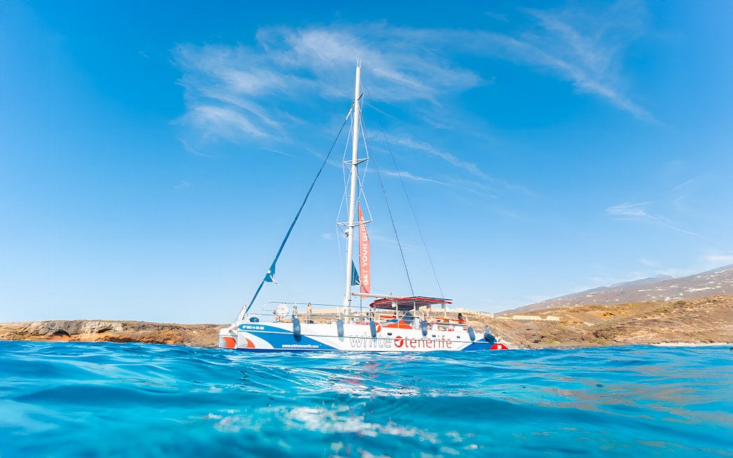 Catamaran sailing near rocky coastline on a whale and dolphin watching cruise.
