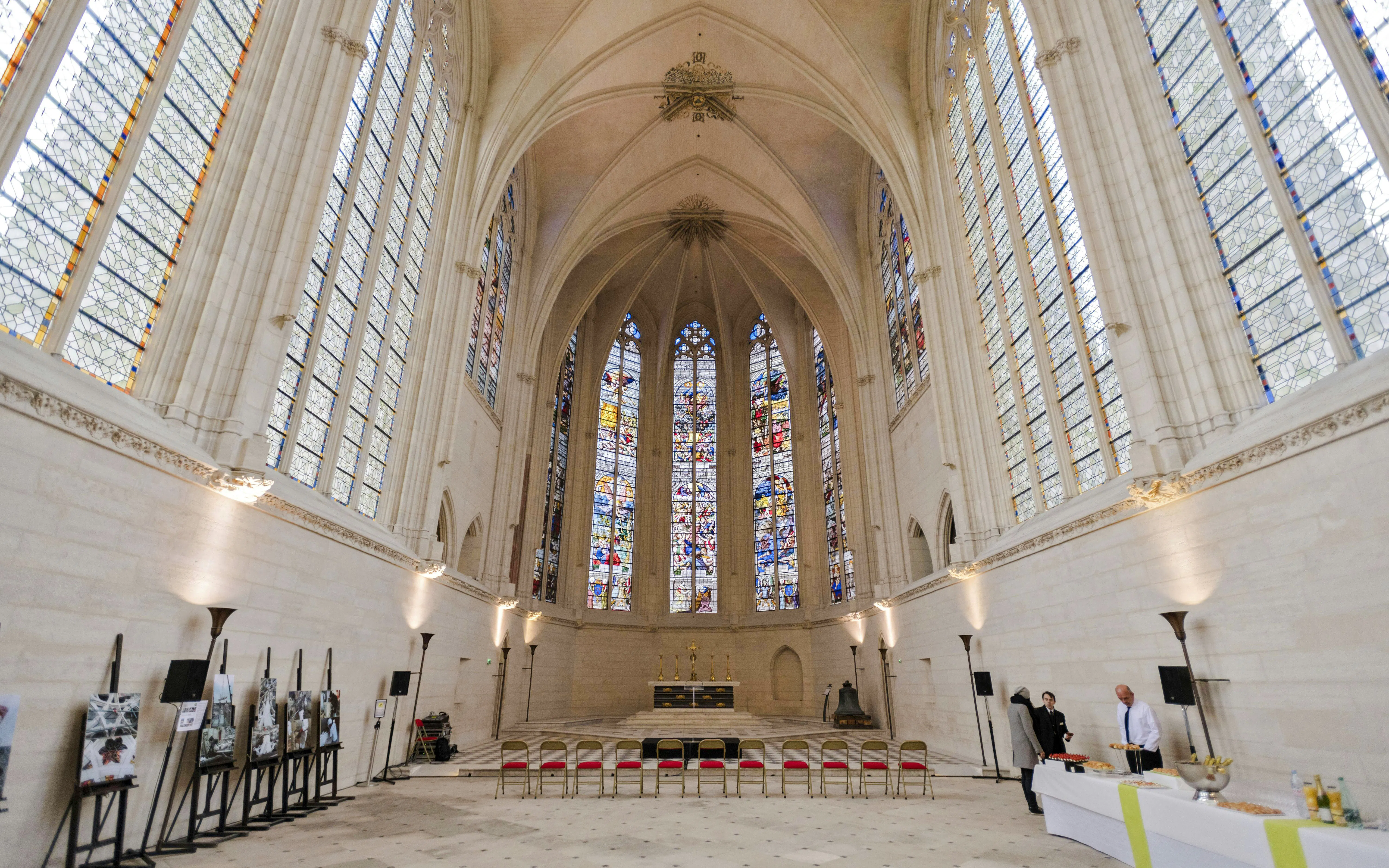 Stained glass windows inside Château de Vincennes chapel, Paris.