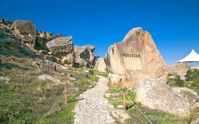 Stone path through Qobustan National Park with ancient petroglyphs, Azerbaijan.