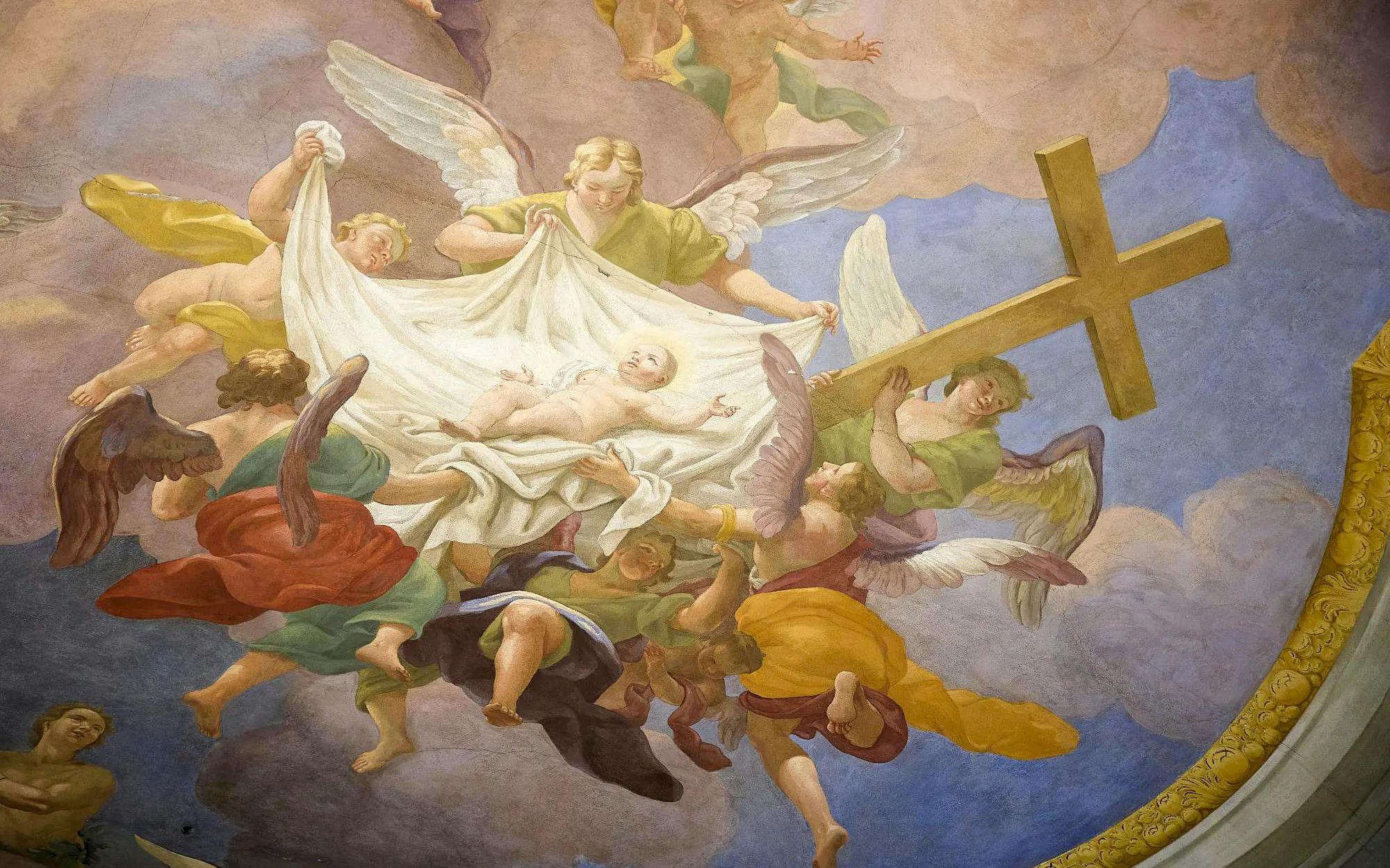 Angels and cherubs in fresco at St. Anne's Church, Vienna, related to Magic Trumpet Christmas Concert.