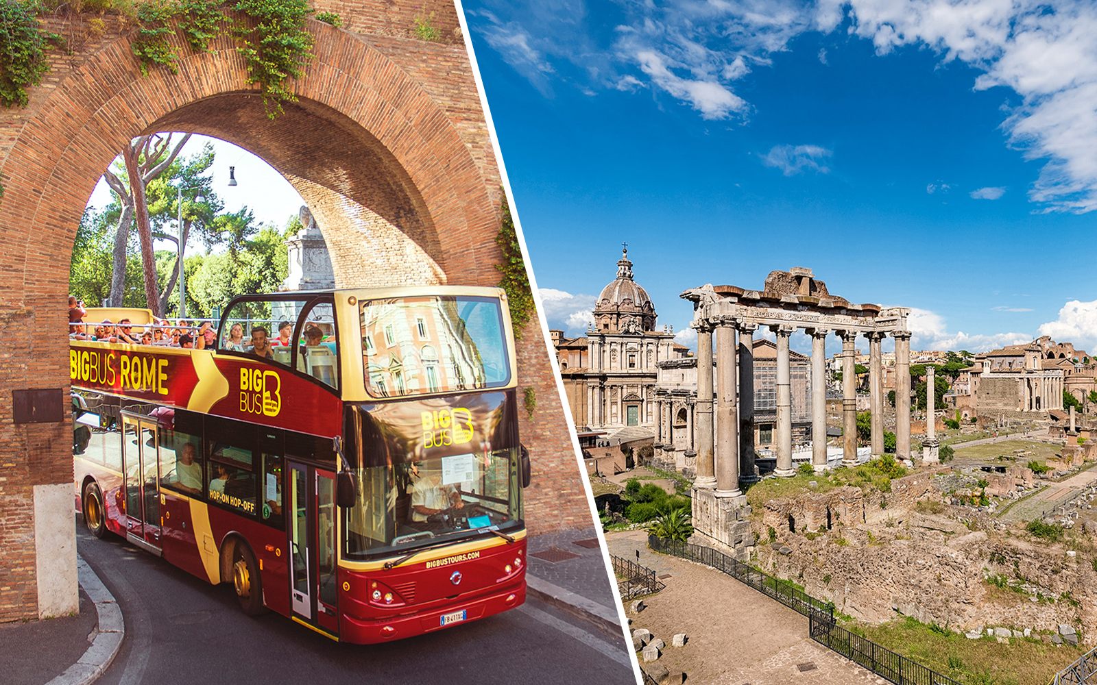 Open-top tour bus in Rome passing under an arch, with Roman Forum ruins in the background.