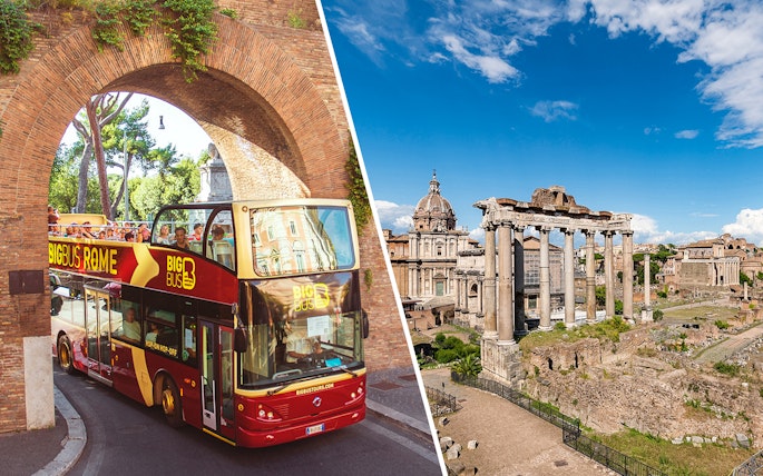 Open-top tour bus in Rome passing under an arch, with Roman Forum ruins in the background.