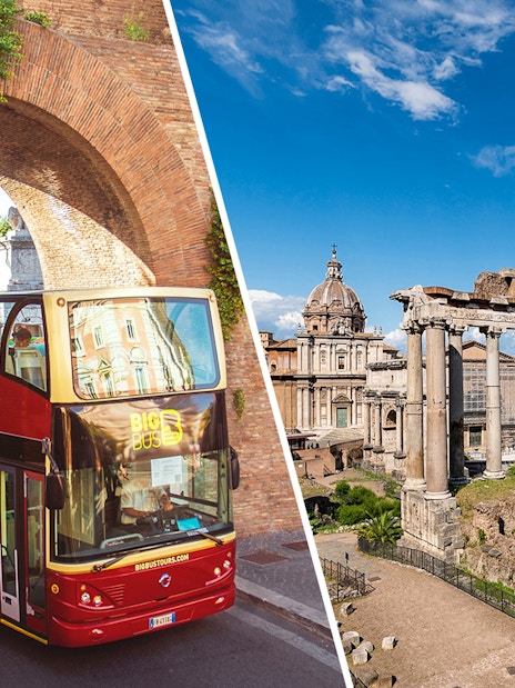 Open-top tour bus in Rome passing under an arch, with Roman Forum ruins in the background.