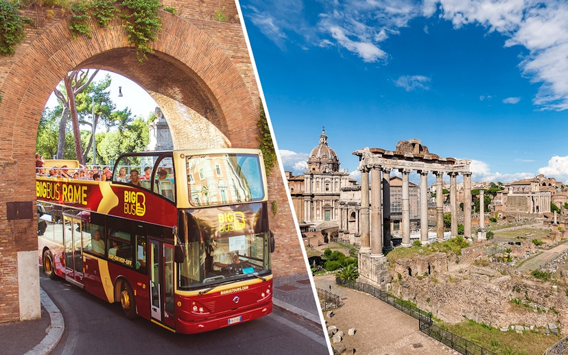 Open-top tour bus in Rome passing under an arch, with Roman Forum ruins in the background.