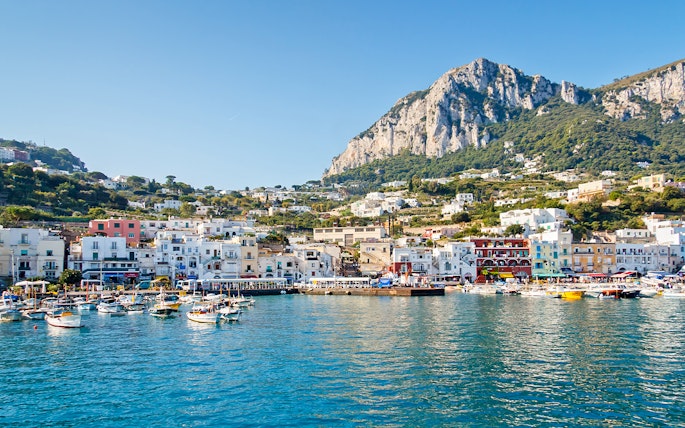 Boats docked at Capri's Marina Grande with hillside buildings, part of Rome to Pompeii and Sorrento day trip.