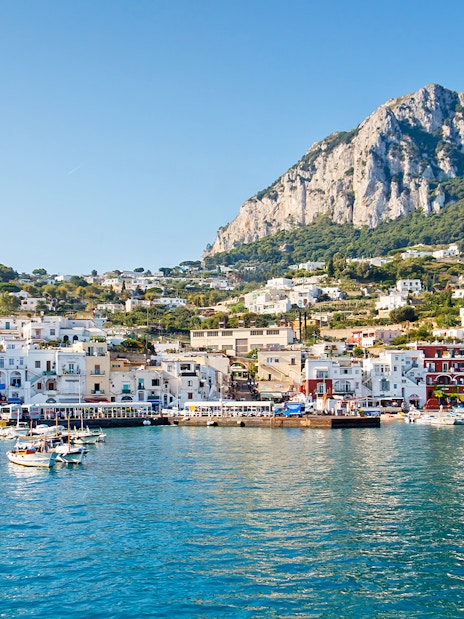 Boats docked at Capri's Marina Grande with hillside buildings, part of Rome to Pompeii and Sorrento day trip.
