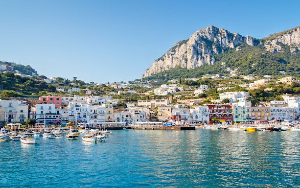 Boats docked at Capri's Marina Grande with hillside buildings, part of Rome to Pompeii and Sorrento day trip.