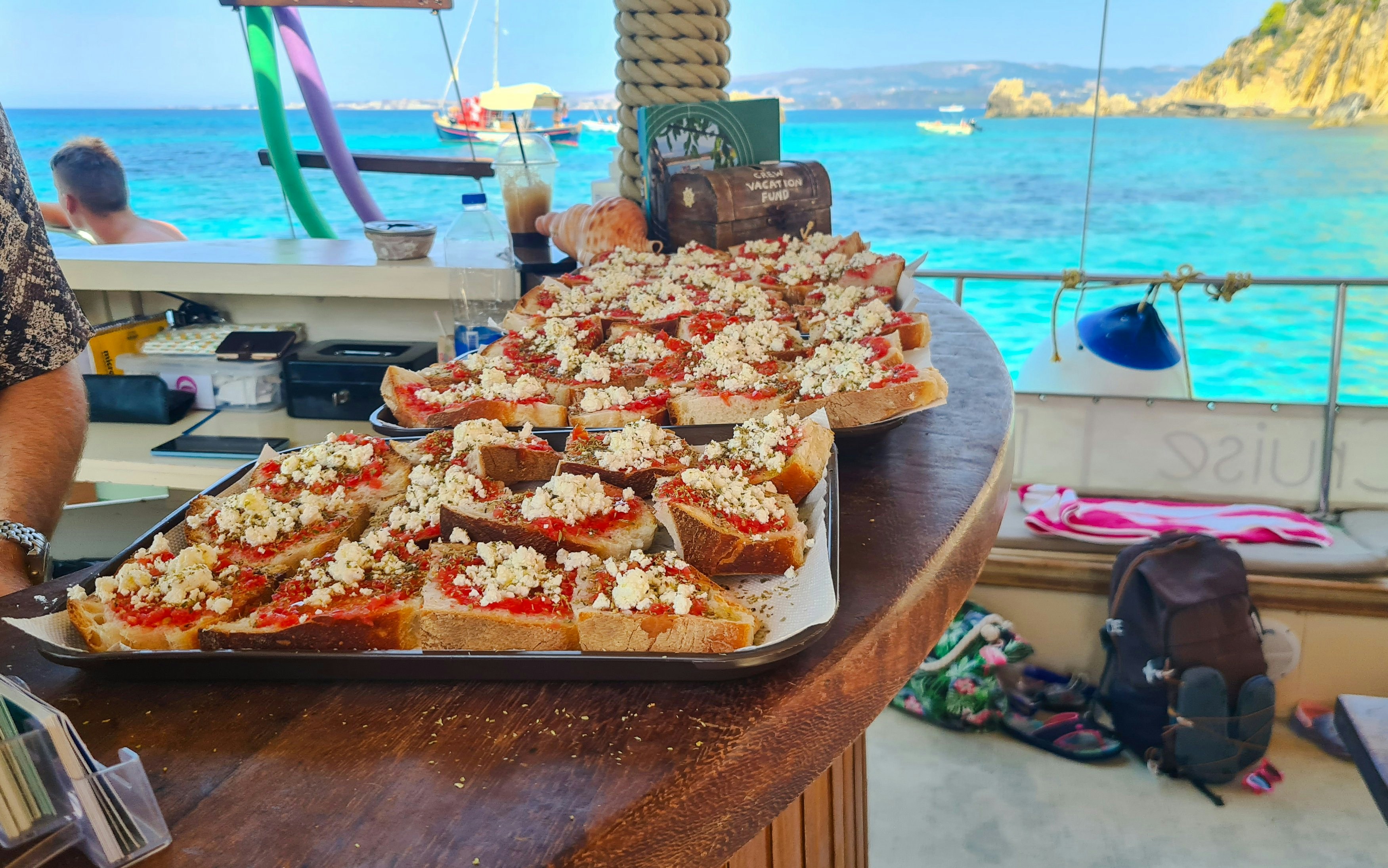 Buffet spread on a dreamy cruise from Kefalonia with scenic ocean view.