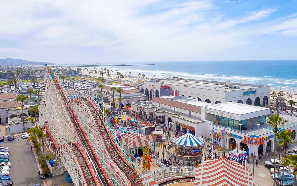 Belmont Park roller coaster and beachfront in San Diego, part of Go City's All-Inclusive Pass.