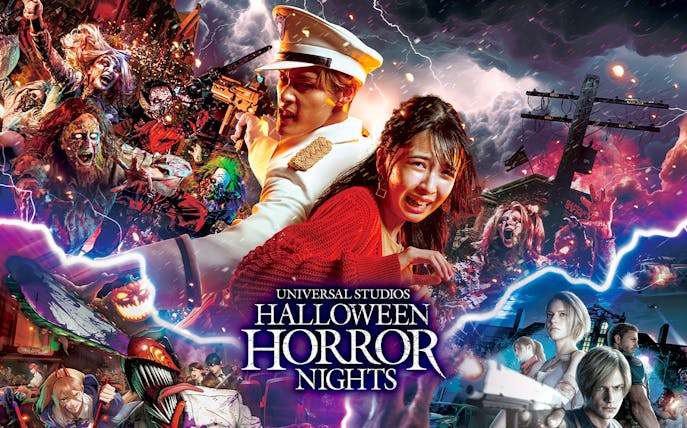 USJ Halloween Horror Nights with zombies and frightened visitors in a stormy setting.