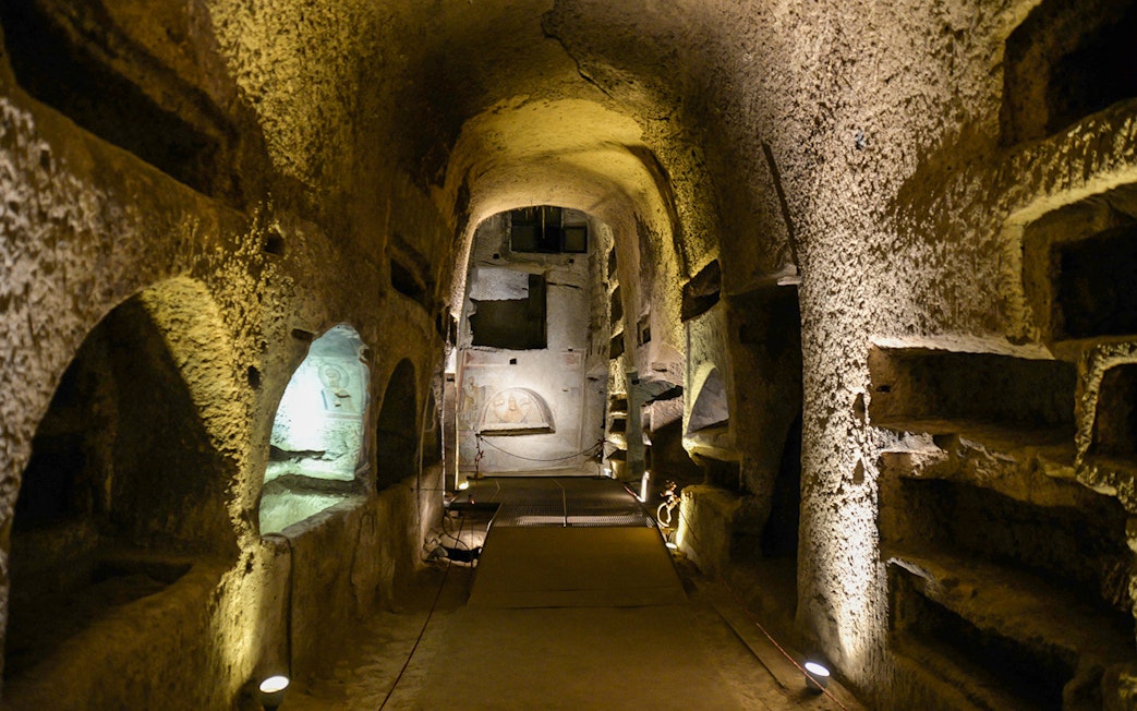 Ancient catacombs with burial niches in San Gennaro, Naples.