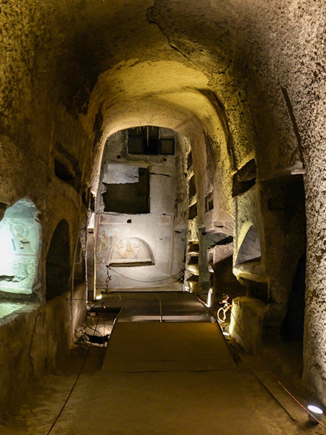 Ancient catacombs with burial niches in San Gennaro, Naples.