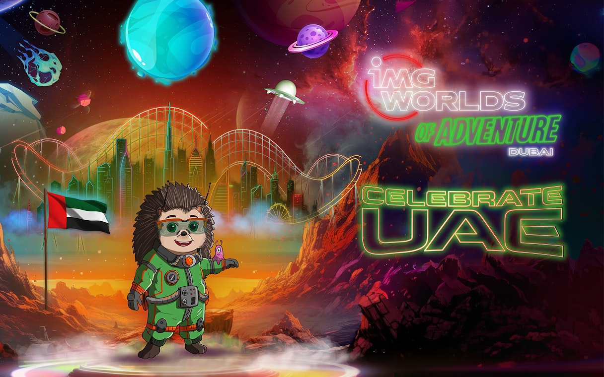 Promo for IMG Worlds of Adventure event in Dubai with a space-themed character and UAE flag.