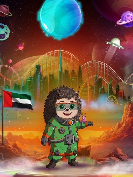 Promo for IMG Worlds of Adventure event in Dubai with a space-themed character and UAE flag.