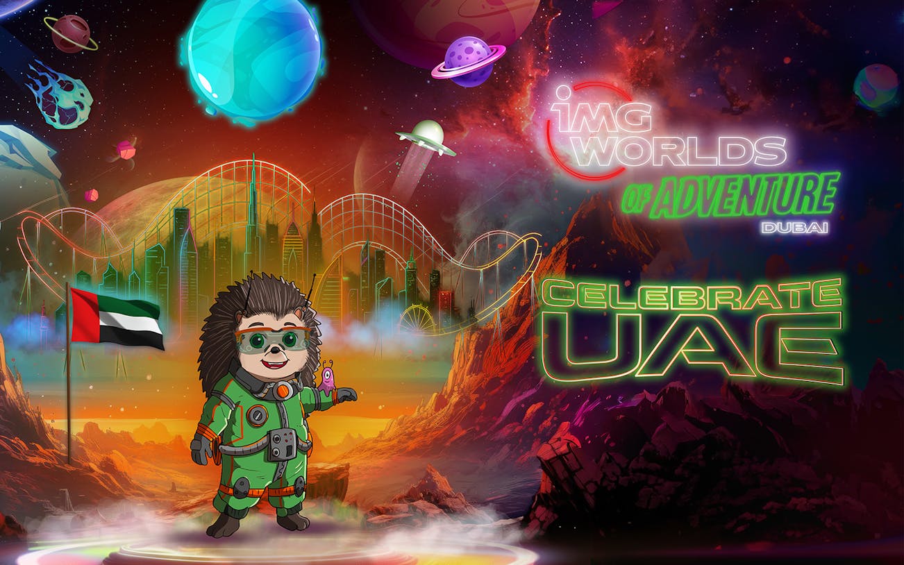 Promo for IMG Worlds of Adventure event in Dubai with a space-themed character and UAE flag.