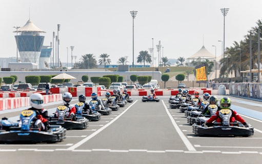 Kart racers lined up at Yas Marina Circuit Kartzone, Abu Dhabi.