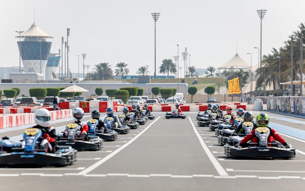 Kart racers lined up at Yas Marina Circuit Kartzone, Abu Dhabi.