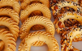 Moroccan Kaak biscuits with sesame seeds and almonds from Essaouira workshop.