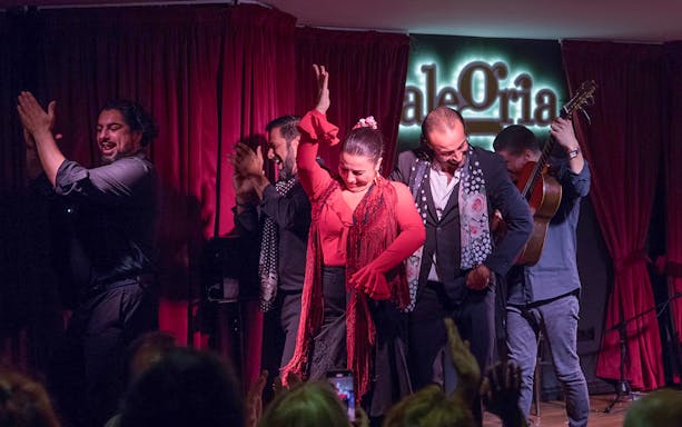 Flamenco dancers and musicians performing at Alegría venue.
