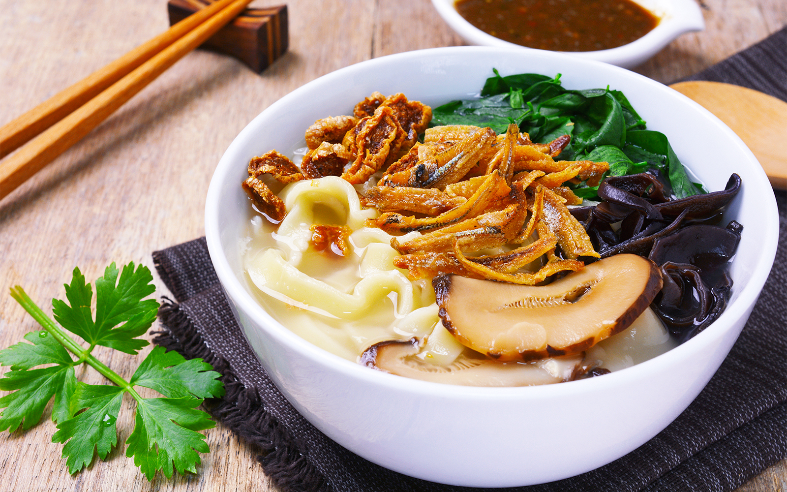 Noodle soup with mushrooms and vegetables at Genting Highlands restaurant.