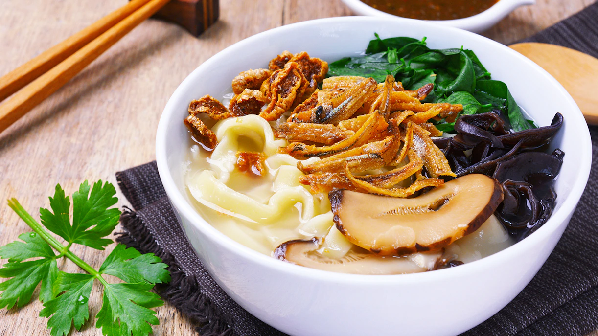 Noodle soup with mushrooms and vegetables at Genting Highlands restaurant.