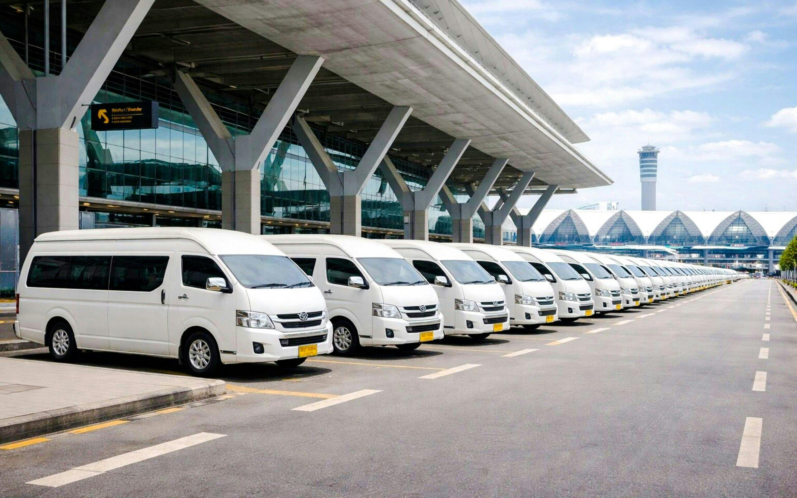 Private airport transfer vans parked outside Suvarnabhumi Airport, Bangkok.