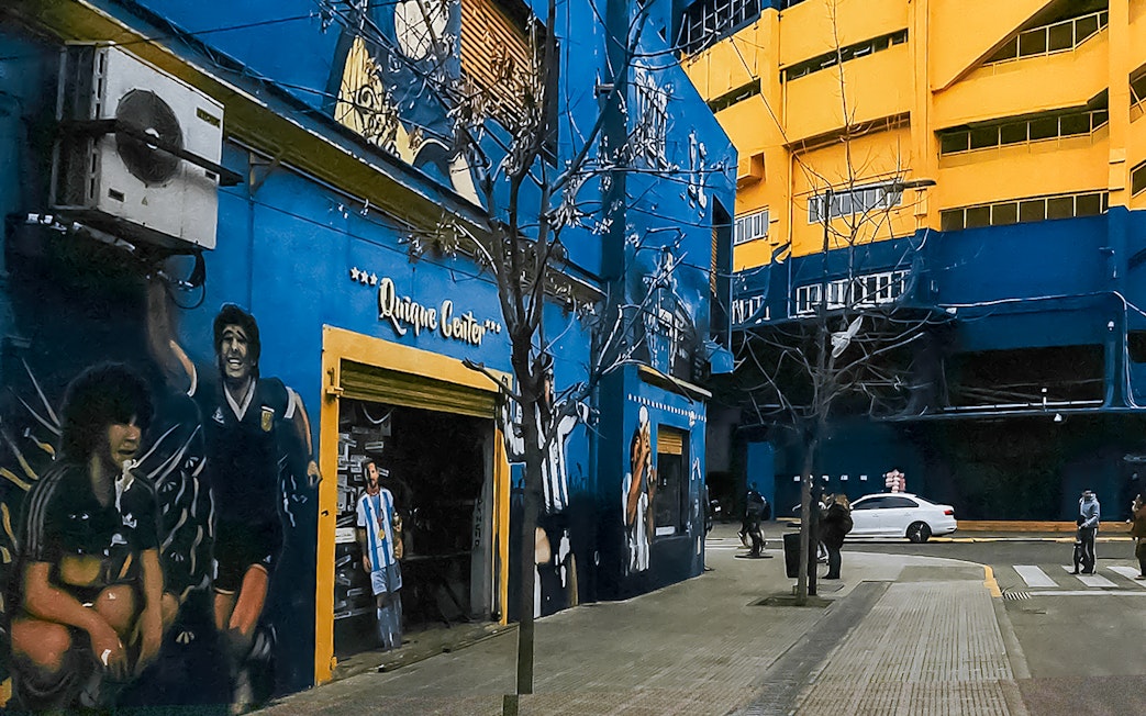 Street art and murals outside La Bombonera stadium in Buenos Aires.