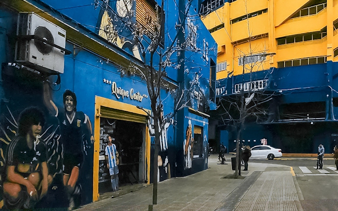 Street art and murals outside La Bombonera stadium in Buenos Aires.
