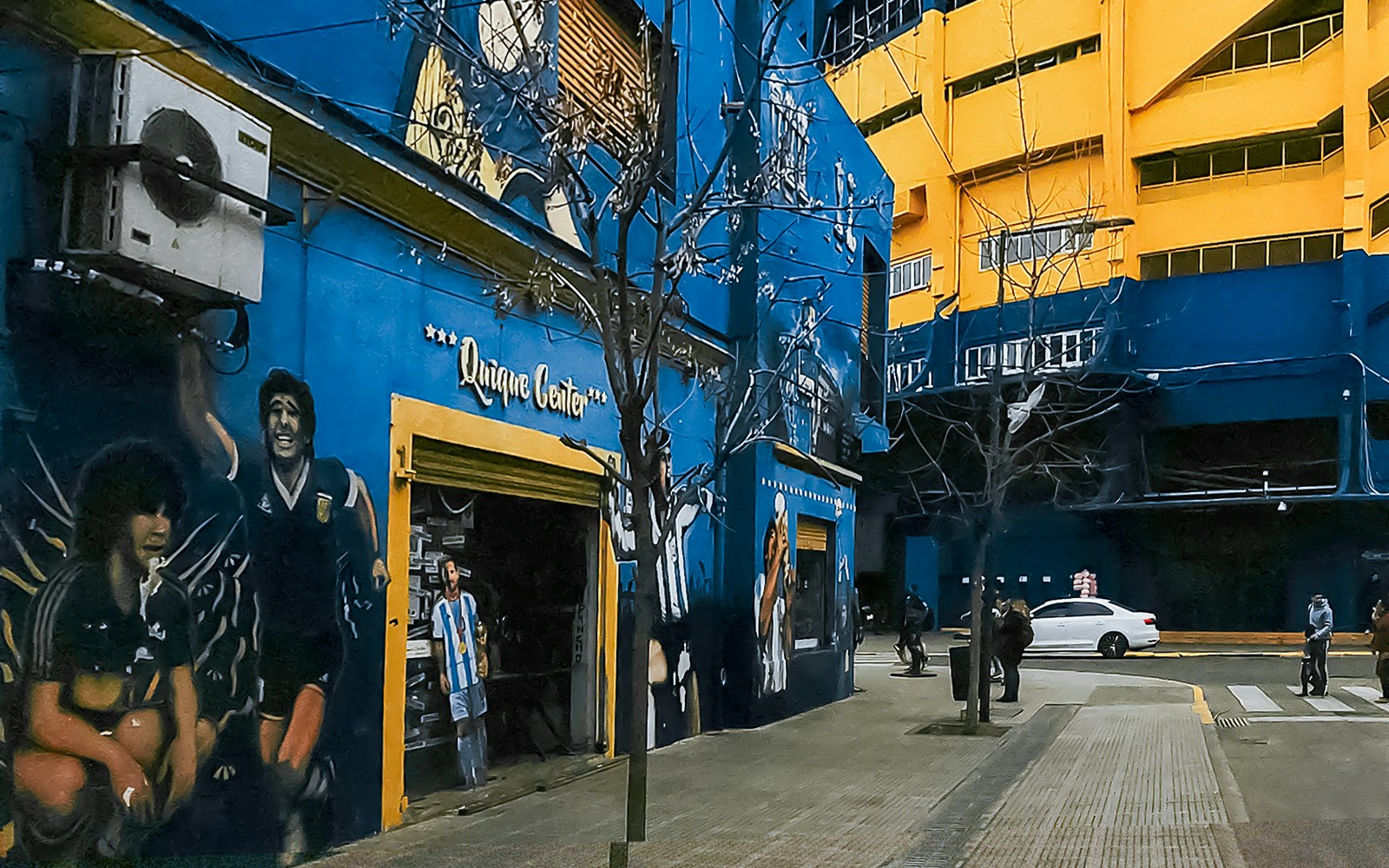 Fans gathering outside La Bombonera stadium in Buenos Aires, Argentina.