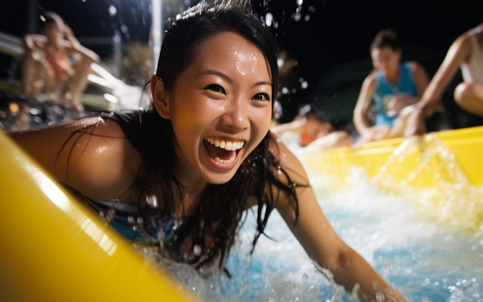 Person enjoying a water slide at night in SplashMania Waterpark.