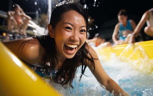 Person enjoying a water slide at night in SplashMania Waterpark.