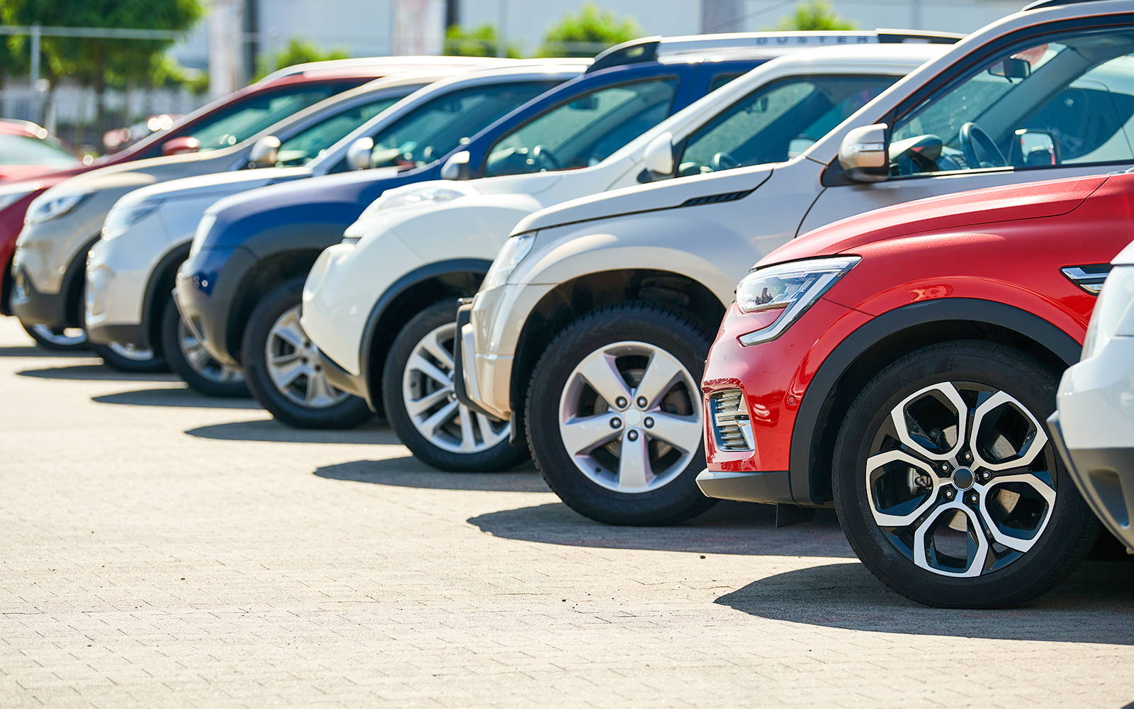Rental cars lined up in Morocco parking lot.