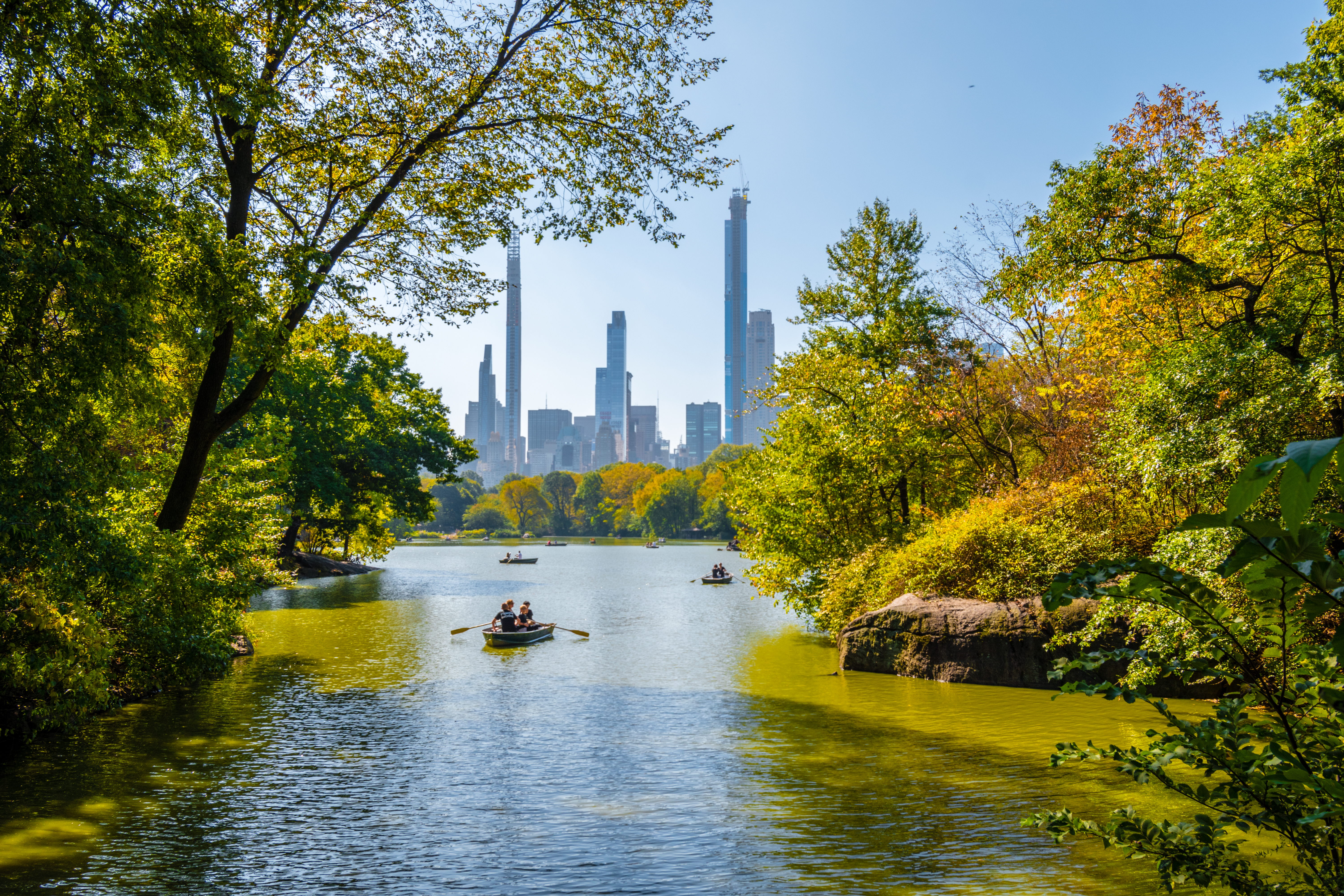 Row boats on a lake in Central Park with New York City skyline in the background.