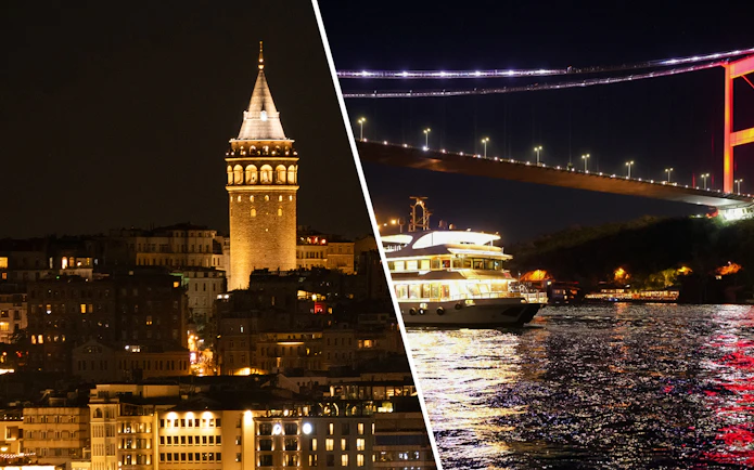 Galata Tower at night and Bosphorus dinner cruise with bridge view in Istanbul.