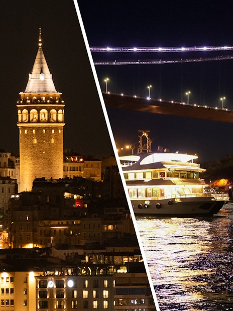 Galata Tower at night and Bosphorus dinner cruise with bridge view in Istanbul.
