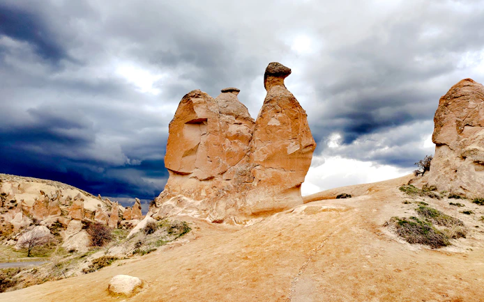 Camel Fairy Chimney rock formation in Devrent Valley, Cappadocia under cloudy sky.
