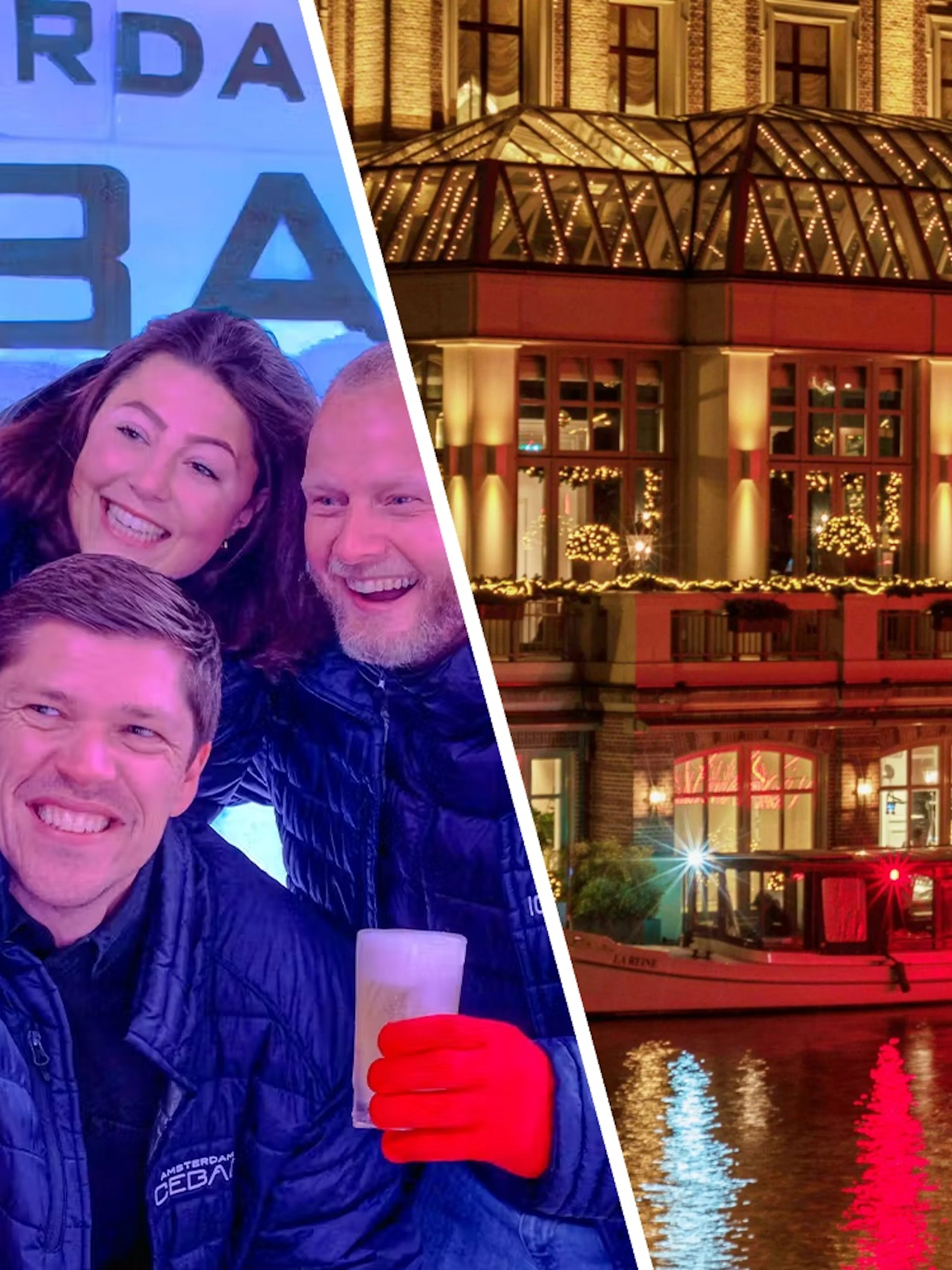 Visitors enjoying drinks at Icebar Amsterdam with canal view at night.