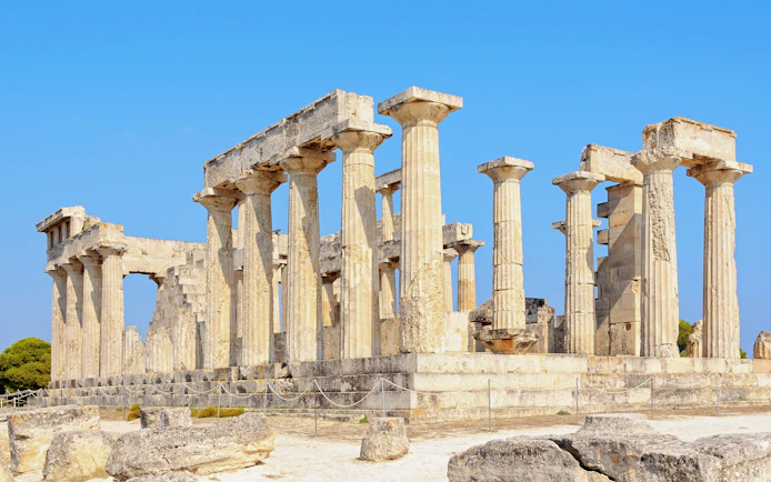 Temple of Athena Aphaia ruins with Doric columns, Aegina, Greece.