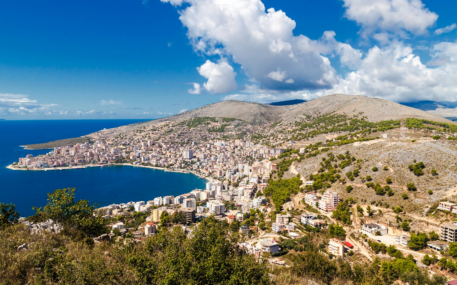 Saranda town and Ionian Sea viewed from Lekursi Castle, Albania.
