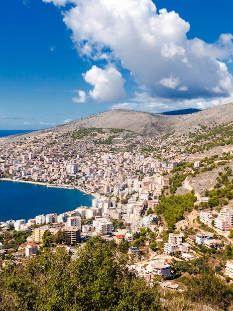 Saranda town and Ionian Sea viewed from Lekursi Castle, Albania.