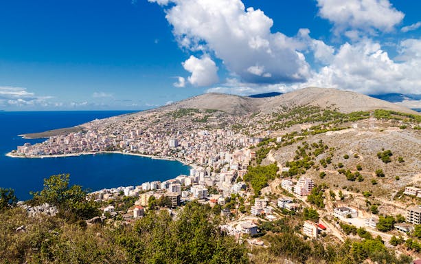Saranda town and Ionian Sea viewed from Lekursi Castle, Albania.