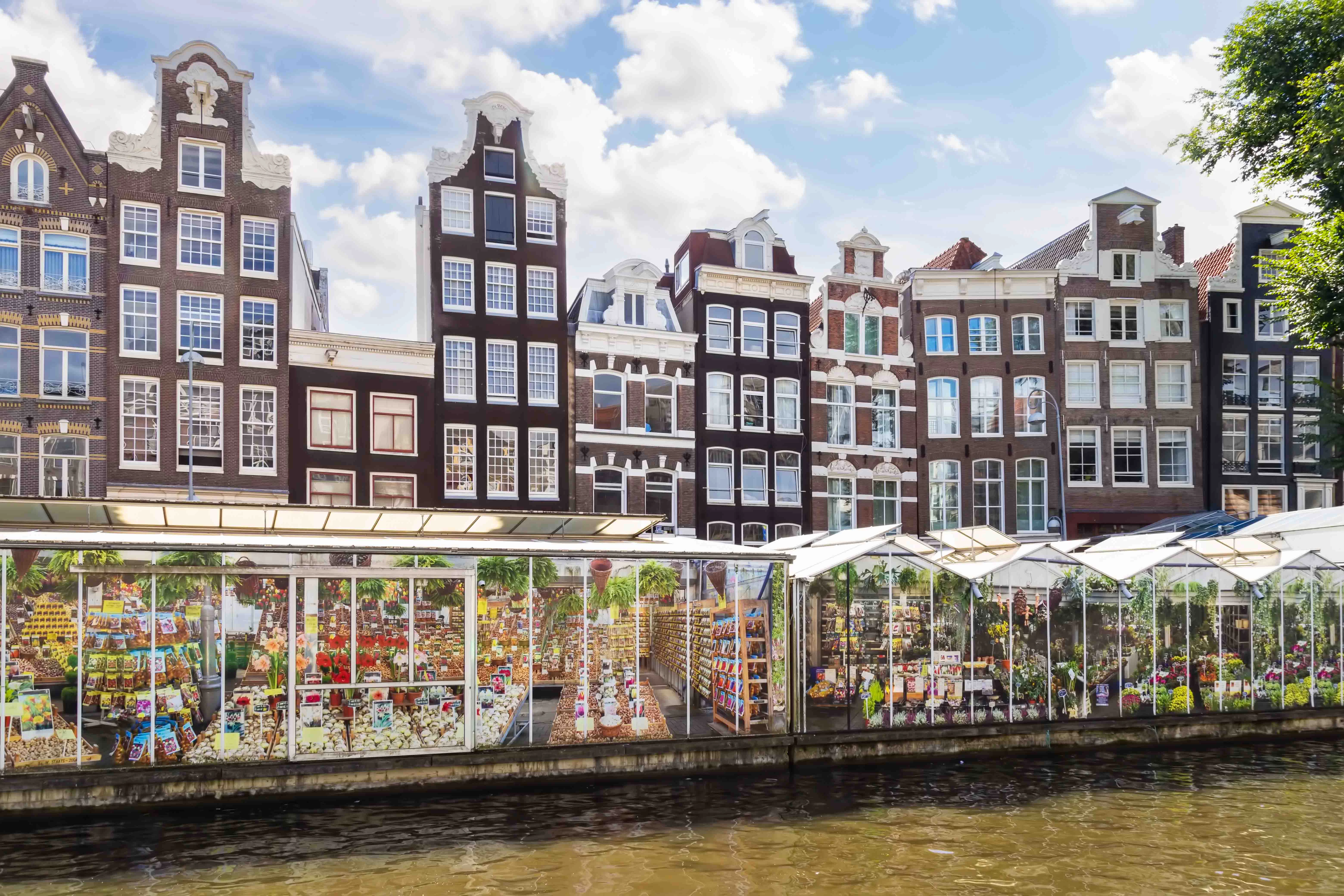 Canal-side flower market with traditional Dutch buildings in Amsterdam.