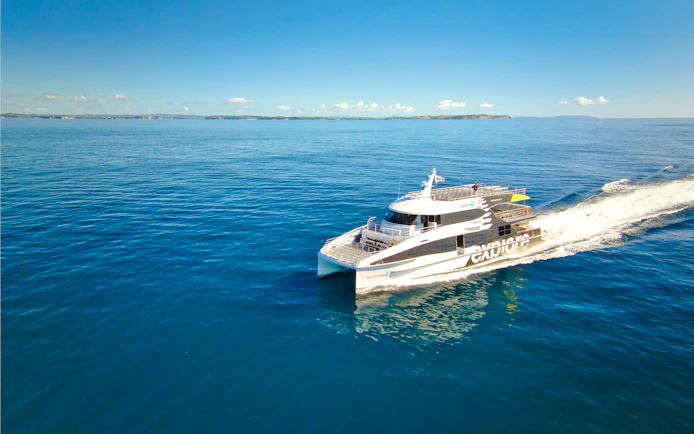 Cruise ship on Tikapa Moana, Auckland, with distant islands in view.