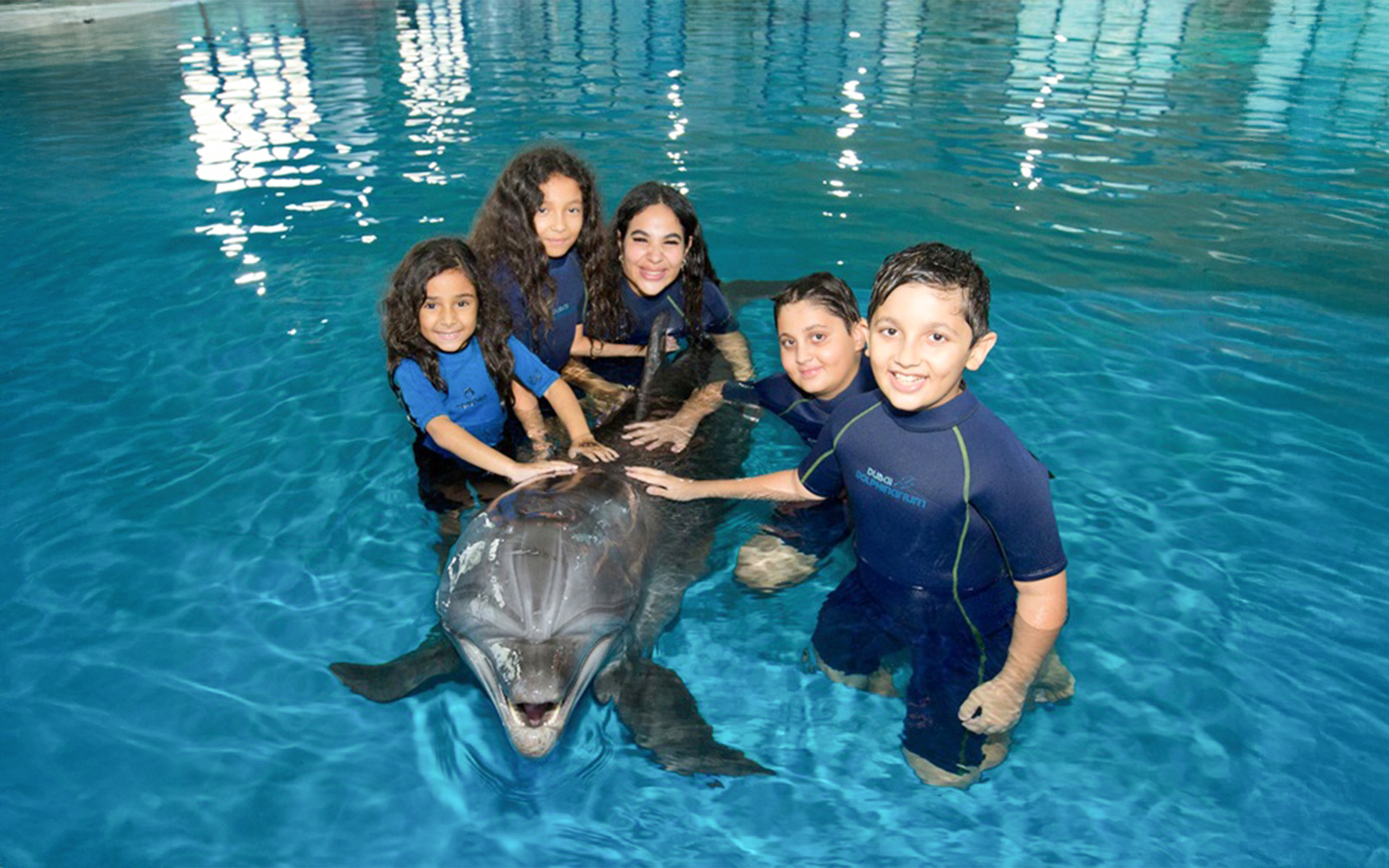 Kids interacting with a dolphin and posing for a picture
