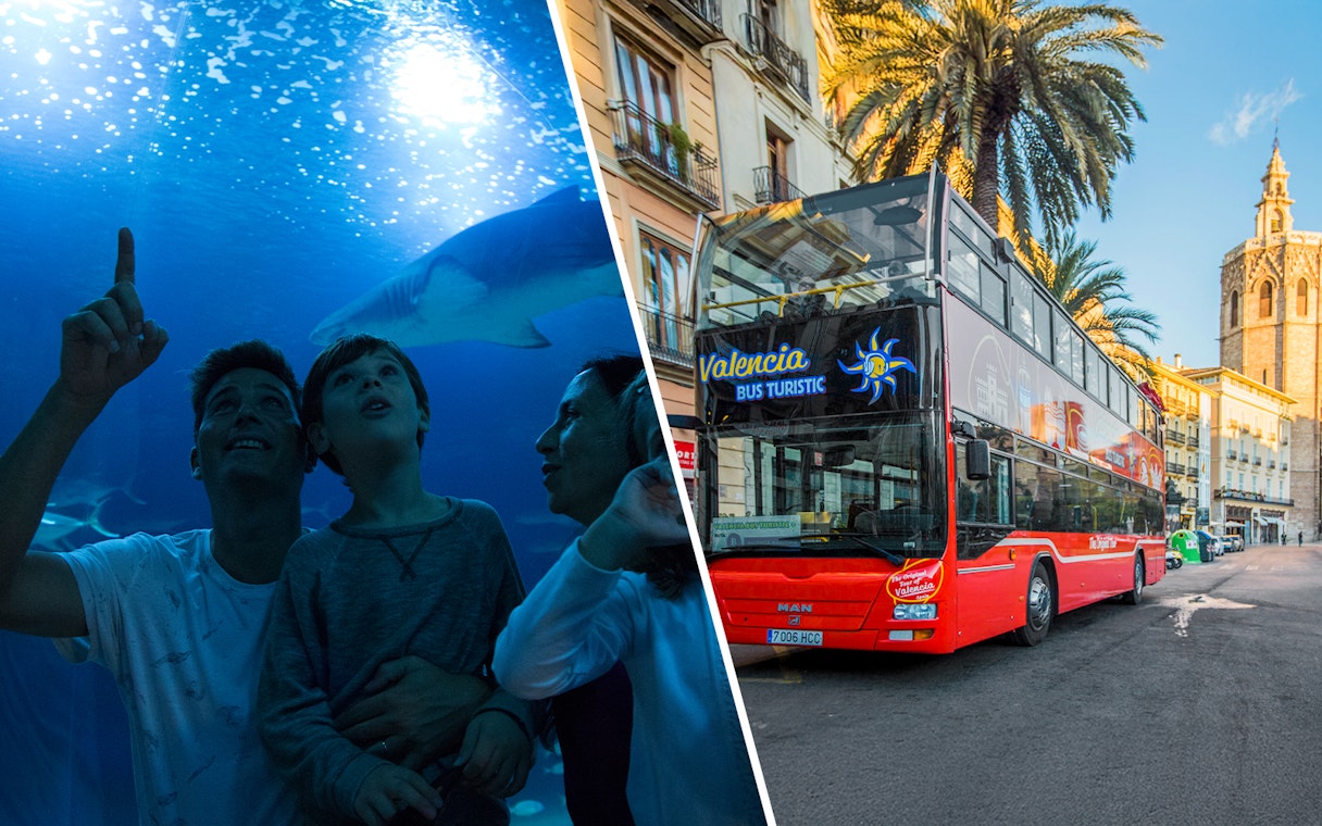 Family at Oceanogràfic aquarium and Valencia hop-on hop-off bus near historic buildings.