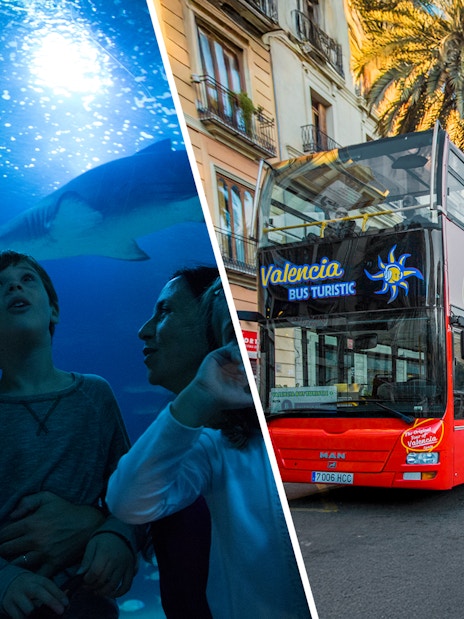 Family at Oceanogràfic aquarium and Valencia hop-on hop-off bus near historic buildings.