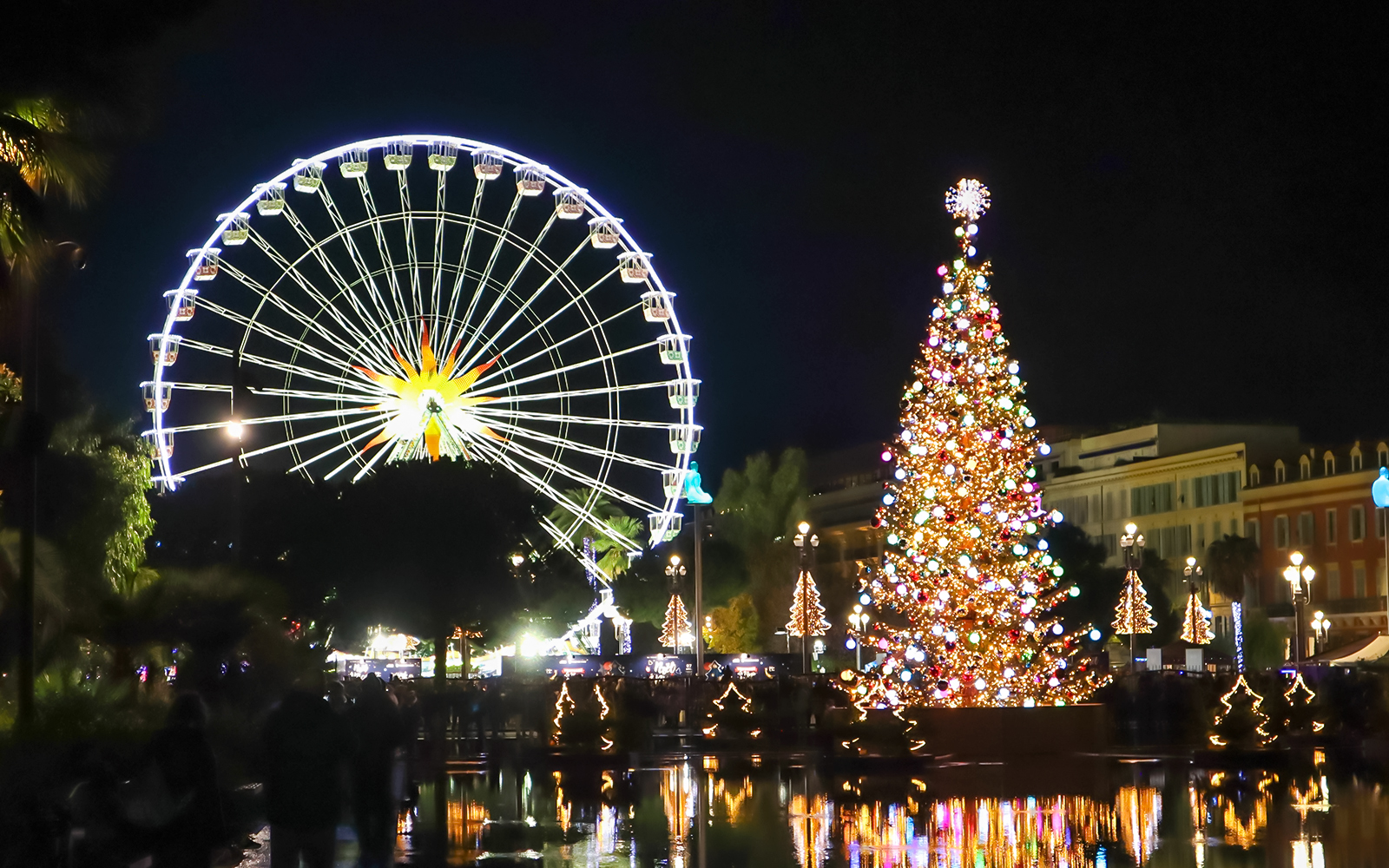 Ferris wheel and Christmas tree illuminated at night in Nice, France.