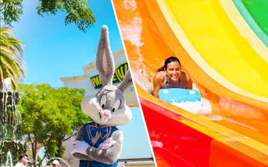 Bugs Bunny at Parque Warner and woman on Kangaroa water slide at Aquopolis.