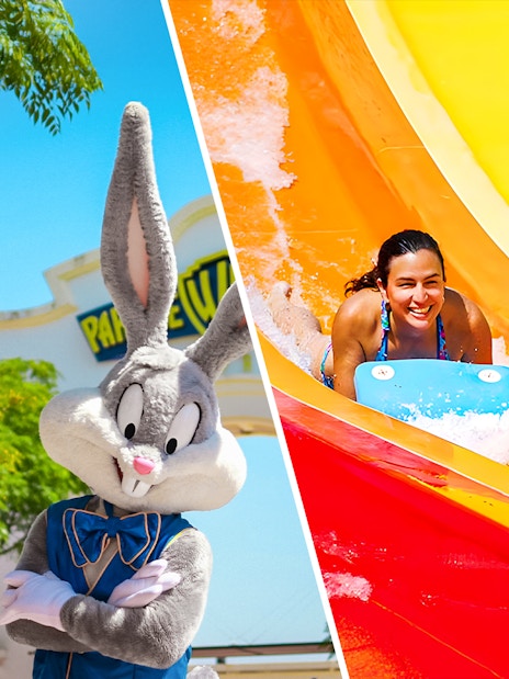 Bugs Bunny at Parque Warner and woman on Kangaroa water slide at Aquopolis.
